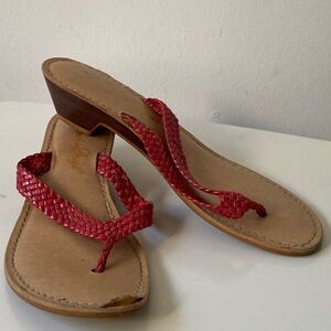 Coral Red Leather Thong Kitten Heel Braided Women's Sandals Made in Brazil